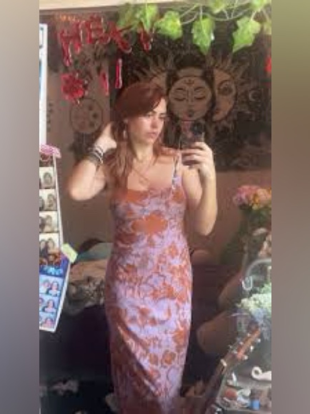 WAYF purple floral slip style midi lined mesh dress S summer vacation island
